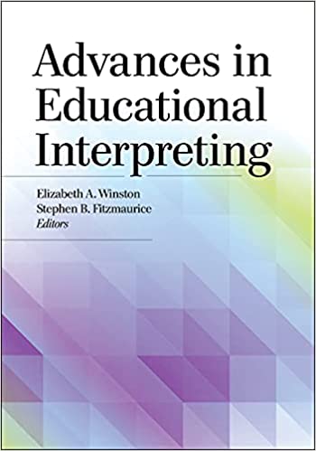 The cover of the book "Advances in Educational Interpreting" features the title across the top. A white background fades to a purple, blue, and green background below made of multiple right triangles next to one another.