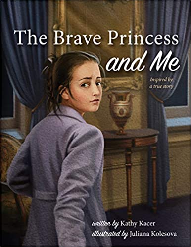 The cover of the book "The Brave Princess and Me" features the title at the top with an illustrated background of two windows with blue curtains tied back and a table with a vase. A worried girl in a light blue coat is looking over her right shoulder.