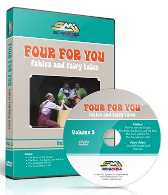 DVD case and DVD with orange and white text that reads "Four For You: Fables and Fairy Tales Volume 3" on a teal and grey palate with the logo for "Sign Media" productions, on a white background. 