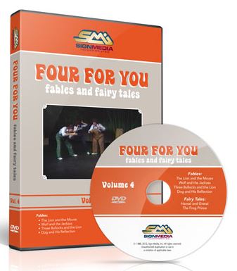 DVD case and DVD with orange and white text that reads "Four For You: Fables and Fairy Tales Volume 4" on a orange and grey palate with the logo for "Sign Media" productions, on a white background. 