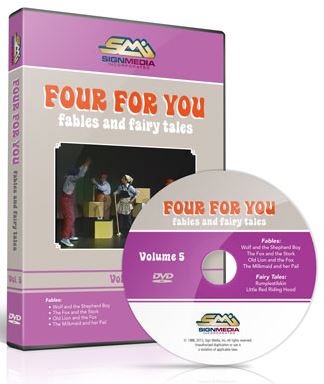 DVD case and DVD with orange and white text that reads "Four For You: Fables and Fairy Tales Volume 5" on a purple and grey palate with the logo for "Sign Media" productions, on a white background. 