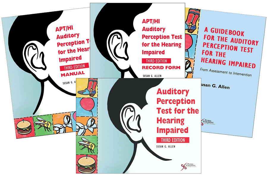 A set of four books with the title "Auditory Perception Test for the Hearing Impaired" in red surrounded by an illustration of a head.