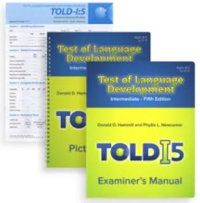 A set of the three books staggered on top of each other. The top book features the text "Test of Langauge Development, TOLD-I5 Examiner's Manual" on a blue and yellow background.