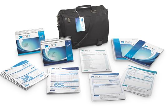 An assessment kit of 9 booklets spread out on a white background and a black suitcase in the center. Each booklet features the title "CELF-5" on the top left.