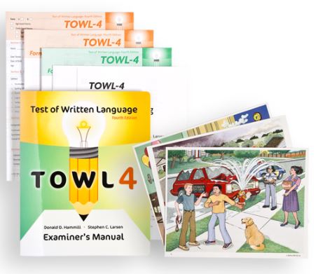 An assessment kit featuring a staggered stack of 5 books. The top book shows the title "Test of Written Language" at the top on a yellow background and the text TOWL 4 on top of a yellow pencil. To the right, a stack of three illustrated image cards that are included in the kit.