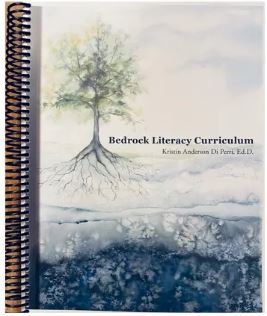 A spiral bound book features a drawing of a single tree with roots below ground with the title "Bedrock Literacy Curriculum" in the middle of the cover page