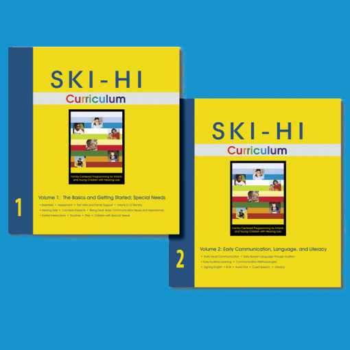 Two three-ring binders with the SKI-HI Curriculum heading are pictured with a description of the contents in each volume. 