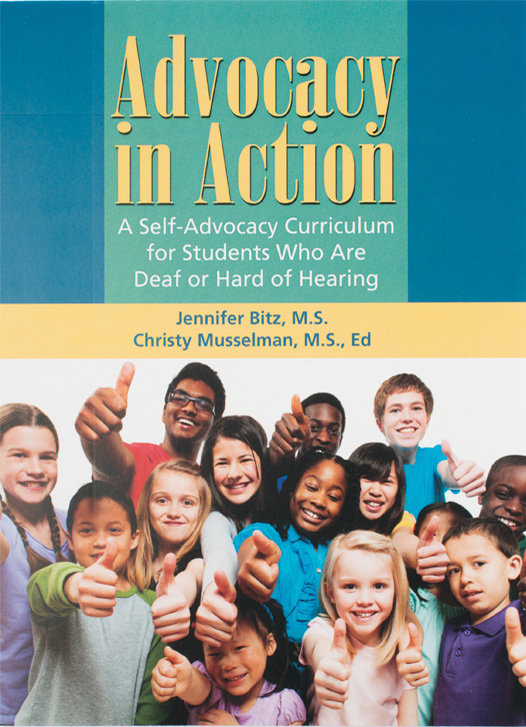The title "Advocacy in Action" is at the top of the book cover with a blue and green background. The bottom of the book cover features a group photo of children, smiling and/or giving a thumbs up. 