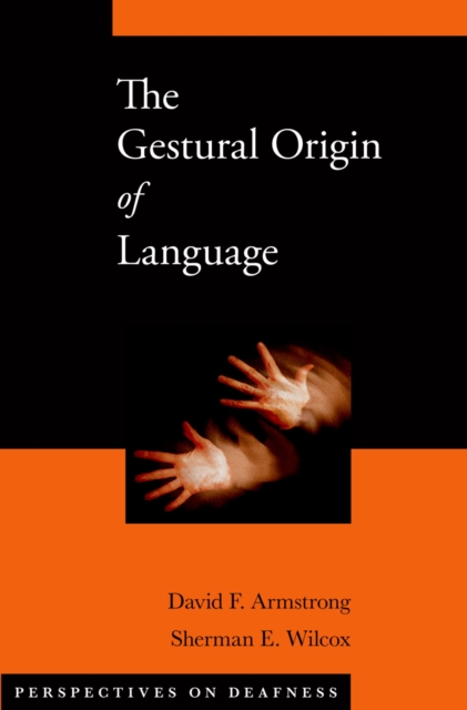 The cover of the book "The Gestural Origin of Lanuage" features a black and orange background with the title at the top. In the center, two hands are blurred on a black background.
