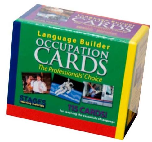 Multi-colored box of cards with text "Language Builder Occupation Cards: The Professionals' Choice" near the top and three pictures of professionals on the cover. Additional text indicates there are 115 cards in the box to be used "for teaching the essentials of language" and produced by Stages Learning Materials. 
