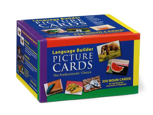 Multi-color box of cards with text "Language Buider Picture Cards: The Professionals' Choice" near the top and five pictures of nouns on the cover. Additional text indicates there are 350 cards in the box to be used "for teaching the essentials of language". 