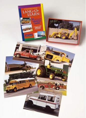 Multi-color box of cards with the text "LANG-O-LEARN" and 8+ cards of various vehicles displayed on a white background. 