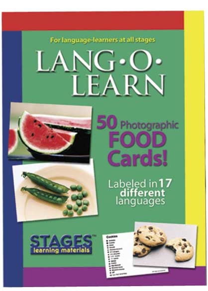 Multi-color box of cards with the tect "LANG-O-LEARN" with additioal text of "50 photographic food cards." The box features watermelon, peas, and cookie cards.