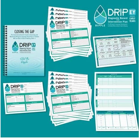  The cover of the manual "Diagnostic Record and Intervention Plan for Deaf/Hard of Hearing" and assessment sample tools are pictured on a teal background. The publisher's name, "Ripple" is in the upper right corner. 