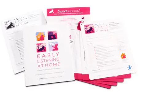  The cover of the manual "Early Listening at Home Curriculum" and assessment sample tools are pictured on a white background. 