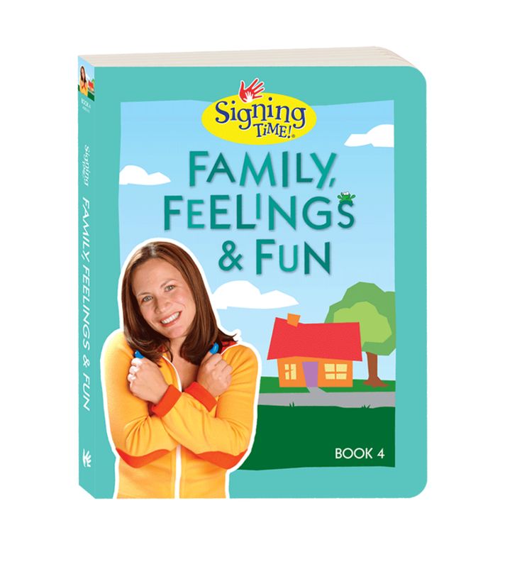 The cover of the book "Family, Feelings, and Fun" has the title at the top in light blue along with the Signing Time logo and a light blue outside border. A smiling woman is at the bottom left wearing a yellow shirt using American Sign Language. In the background, an illustrated outdoor screen with a house.