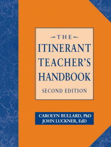 The cover of the book "The Itinerant Teacher's Handbook: Second Edition" features the title in the center within an orange background rectangle.