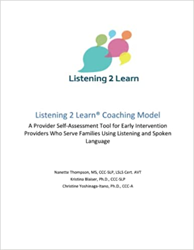The title of the book "Listening 2 Learn Coaching Model" is center. Above, six word bubbles overlap in a variety of colors.