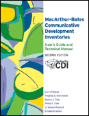  The cover of the manual "MacArthur-Bates Communicative Development Inventories, Second Edition" features abstract painting on the left side of the cover page and the author's names on the right. 
