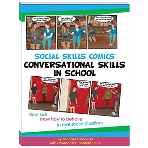The cover of the book "Social Skills Comics Conversation Skills In School" students are sitting at a desk, one student is trying to talk to the other student.