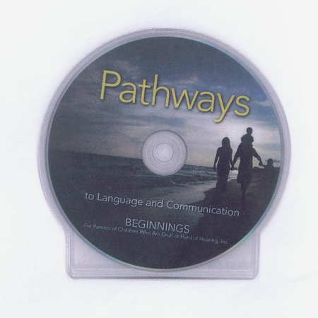 A CD in a clear case features a beach with a family of four walking down the shore line holding hands. The title "Pathways" in yellow is featured at the top and the text "to Language and Communication" at the bottom.