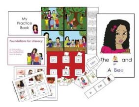 A sample of items from the kit features picture cards, a story board, and more. 