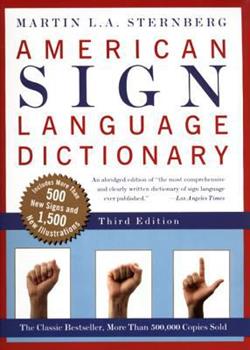  The cover of the book "American Sign Language Dictionary: 3rd Edition" features the title on a white background with a red border. At the bottom are the American Sign Language handshapes for the letters A,S,and L.