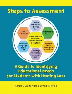 The title "Steps to Assessment" is located near the top of the book with a multi-color, geometrical picture diagram identifying different areas of educational need for students with hearing loss. 