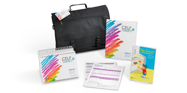 The Clinical Evaluation of Language Fundamentals Preschool-3 (CELF Preschool-3) manual, stimulus book, the "no juice" book, printed record forms, and a black carry case.