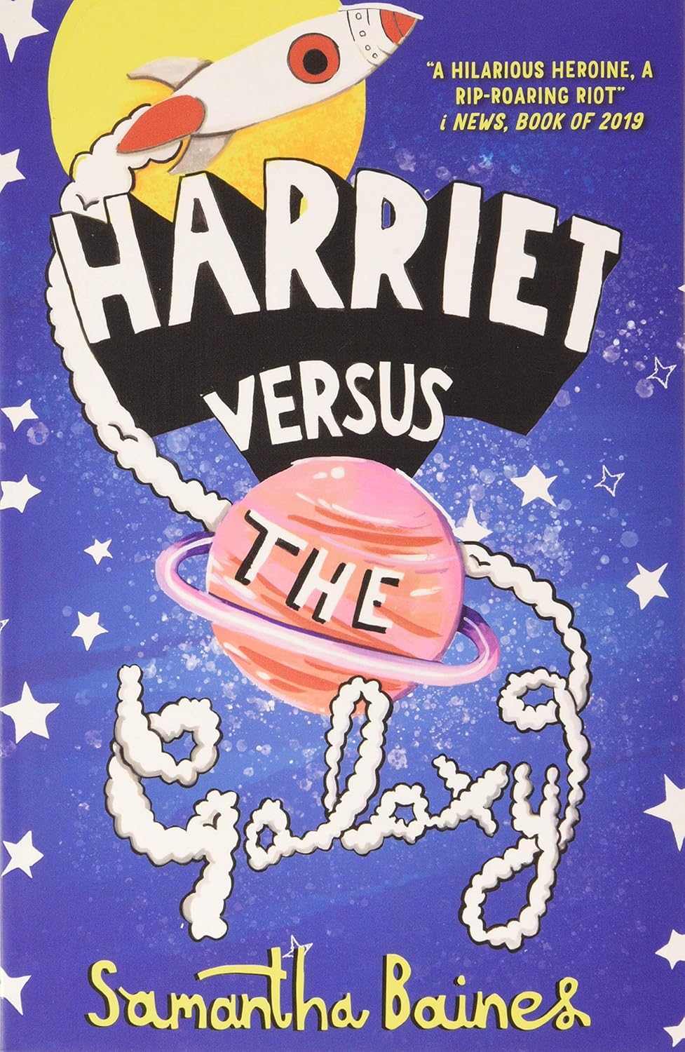 The cover of the book "Harriet Versus the Galaxy" features an illustrated image of outerspace with a rocket flying past Saturn and in front of the sun.
