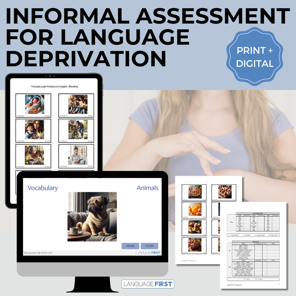 Informal Assessment for Language Deprivation features images of the test stimuli on tablet or computer screens and in print form.