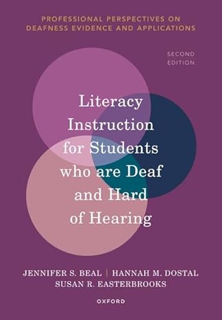 The cover of the book "Literacy Instruction for Students who are Deaf and Hard of Hearing - 2nd Edition" features a purple background with three overlapping circles in the center.