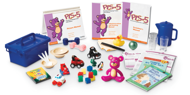 The Preschool Language Scales - Fifth Edition (PLS-5) manual, picture manual, printed Home Communication Questionnaire, and complete manipulatives kit.