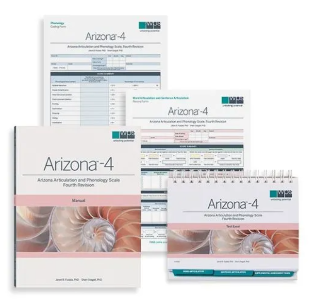 An image of the items included in the Arizona Articulation and Phonology Scale assessment kit. The manual book, the spiralbound easel with test questions, and two testing recording forms.