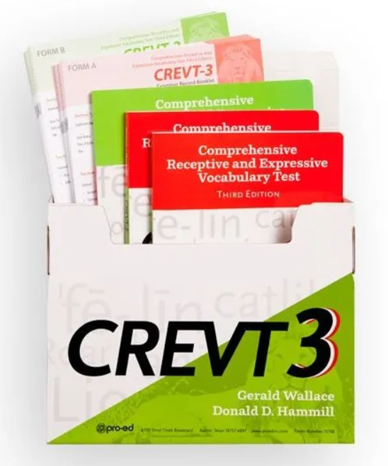 A rectangle green and white box with the title "CREVT 3" printed across the middle is open with five booklets or packets of assessment materials sticking out the top.