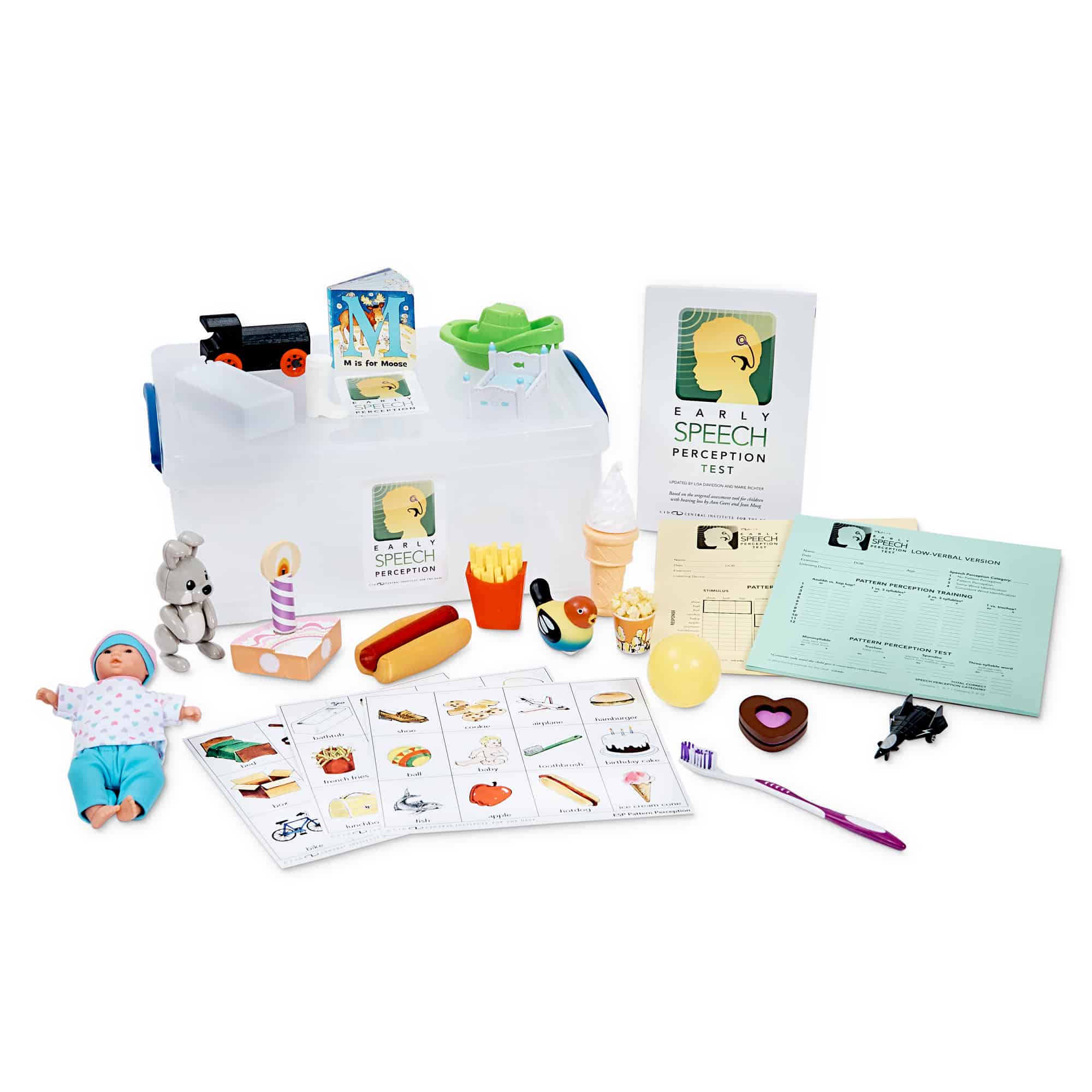 The Early Speech Perception Test Kit features a group of toys around pictures and on top of a box. The test manual and record forms are to the right of the toys.