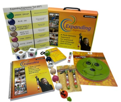 The  Expanding Expression Tool kit items including a manual, two foam dice, a poster with a description of each expression color, a large and small version of a string with beads on it, cards, rubber stepping mats, stickers, and the kit box.