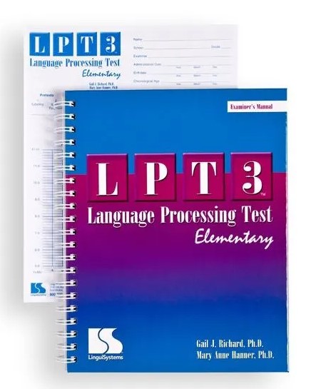 The spiral bound book has a blue and purple cover with the letters LPT3 and the title "Language Processing Test Elementary" below. Behind the book is an image of the paper record form for the assessment.
