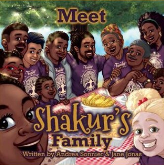 The cover of the book "Shakur" written by Andrea Sonnier and Jane Jonas features an illustrated image of a large family gathering of multiple ages of African American people wearing matching purple t-shirts with trees on them around a picnic table with food at an outdoor event.