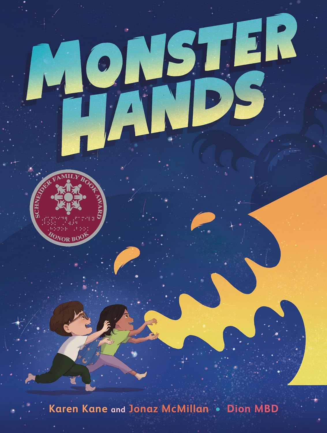 The cover of the book "Monster Hands" by Karen Kane and Jonaz McMillan features the title at the top with an illustrated image of a boy and a girl running and making faces and shapes with their hands to create shadows that look like monsters on the wall.