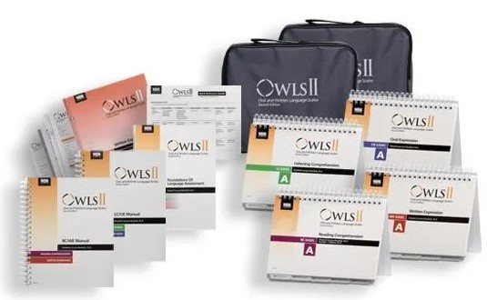 Several spiral bound books spread out on display and two black bags all with the title OWLS II displayed represeting the assesment kit for the "Oral and Written Language Scales - 2nd Edition" (OWLS-II)