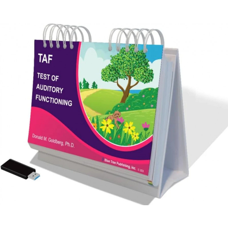 A USB drive and a stand-up sprialbound picture flip book with the title "Test of Auditory Functioning" on the cover and an illustrated image of an outdoor scene with a tree, grass, and flowers.