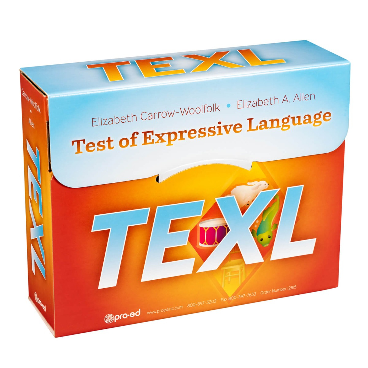 A blue and orange box for the assessment kit "Test of Expressive Language" with the authors names Elizabeth Carrow-Woolfol and Elizabeht A. Allen across, the top, followed by the assesment title, and then the abbreviation "TEXL" in bold, blue letters.