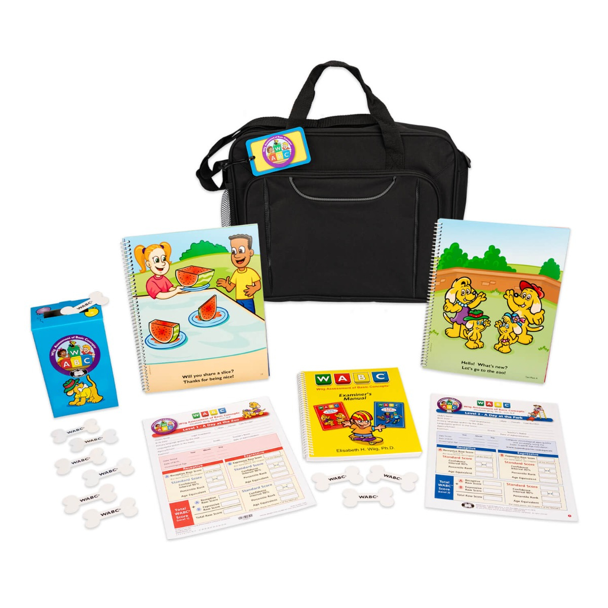 The Wiig Assessment of Basic Concepts test kit materials. A blue box, white dog bone shaped  items, and 5 booklets used for testing materials are in front of a black bag.