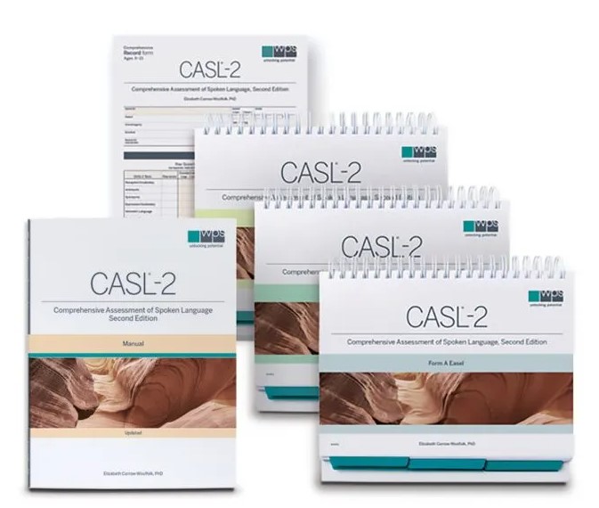The Comprehensive Assessment of Spoken Language Second Edition Asessment Kit with one manual, 3 spiralbound picture books, and one stack of test record forms laid out for display.