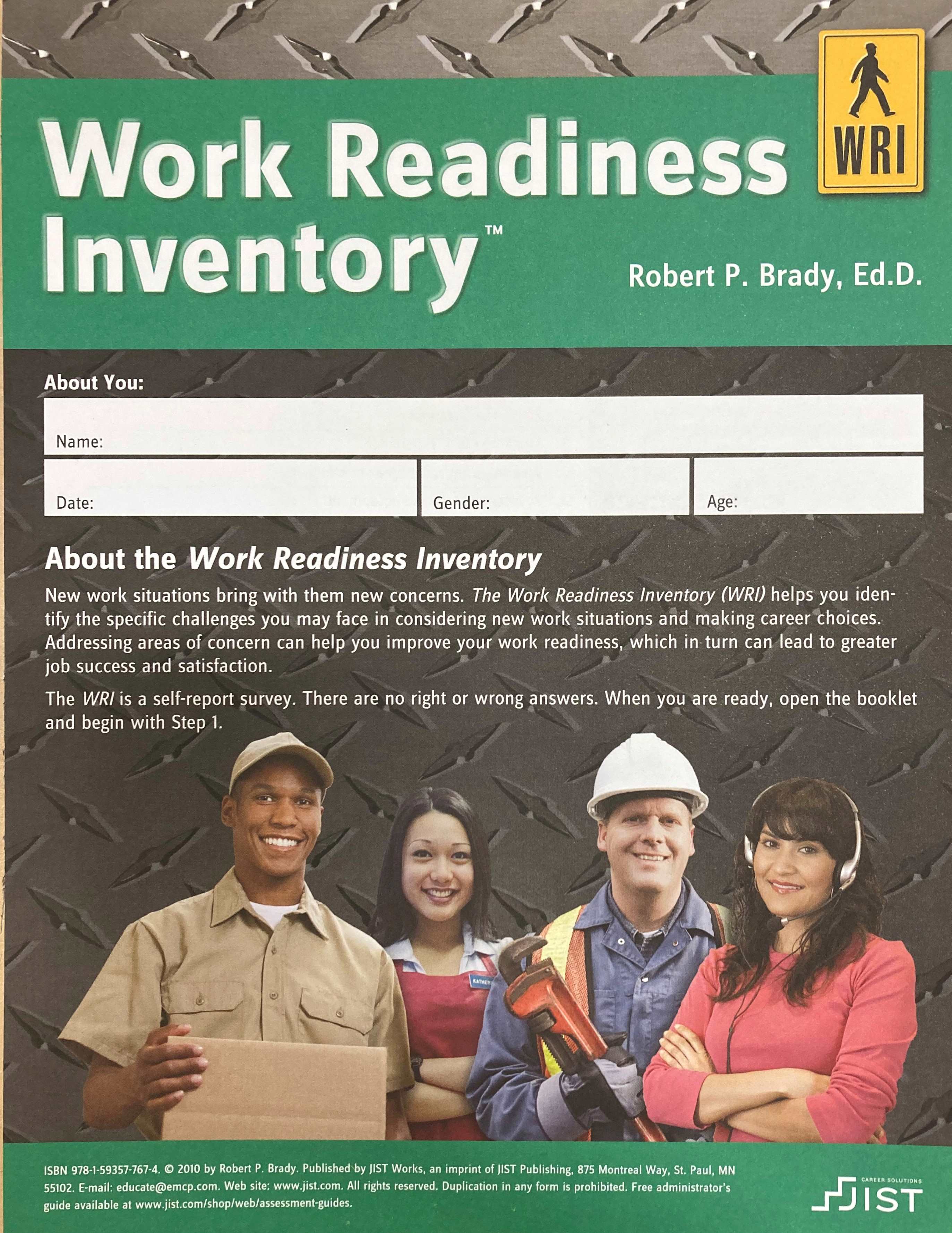 The cover of the "Work Readiness Inventory" features the title across the top in a green box. Below, is a picture of 4 adults wearing their work attire for their careers: package delivery worker, waitress, construction worker, and service center worker.