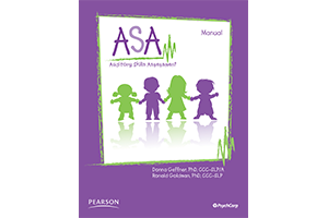 The Auditory Skills Assessment manual cover features the title across the top and an illustrated image of the outline of four toddlers holding hands surrounded by a purple border.