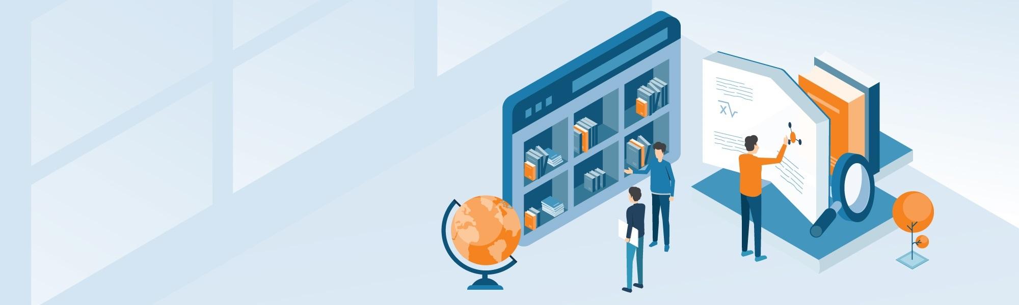 Illustration of people looking at books in a library.