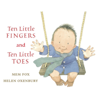 A child on a swing. He is showing his fingers and his toes.