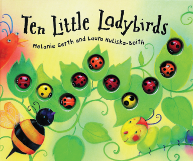 Ten lady bugs on leaves. They are surrounded by a bird, a bee, and a caterpillar
